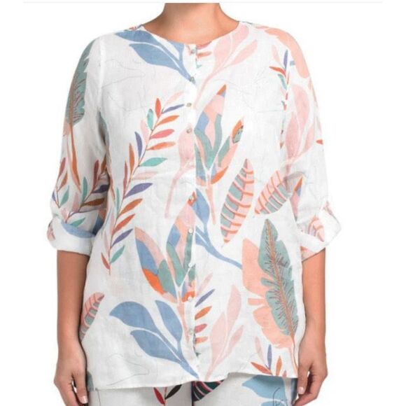 Cynthia Rowley Linen Tropical Floral Print Button Front Tunic Top Size 2X - Picture 1 of 7